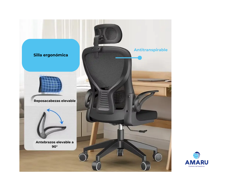 Silla De Oficina Ergonómica Negra Alta Con Cabecera